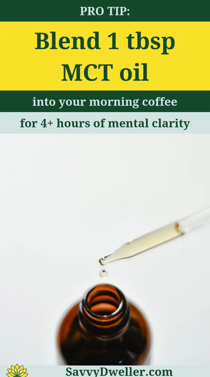 Bottle of MCT oil with a dropper for adding to coffee, promoting mental clarity.
