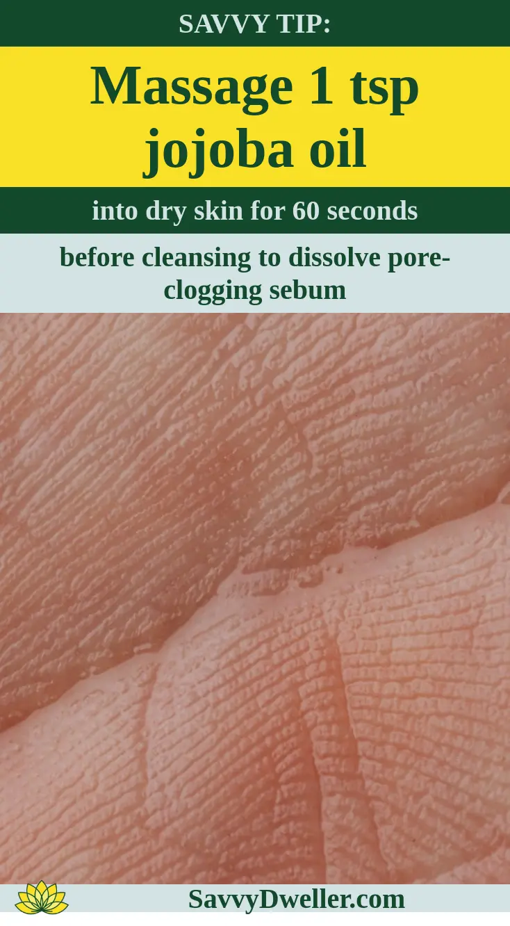 Close-up of skin texture showing large pores with a tip to use jojoba oil to minimize their appearance.