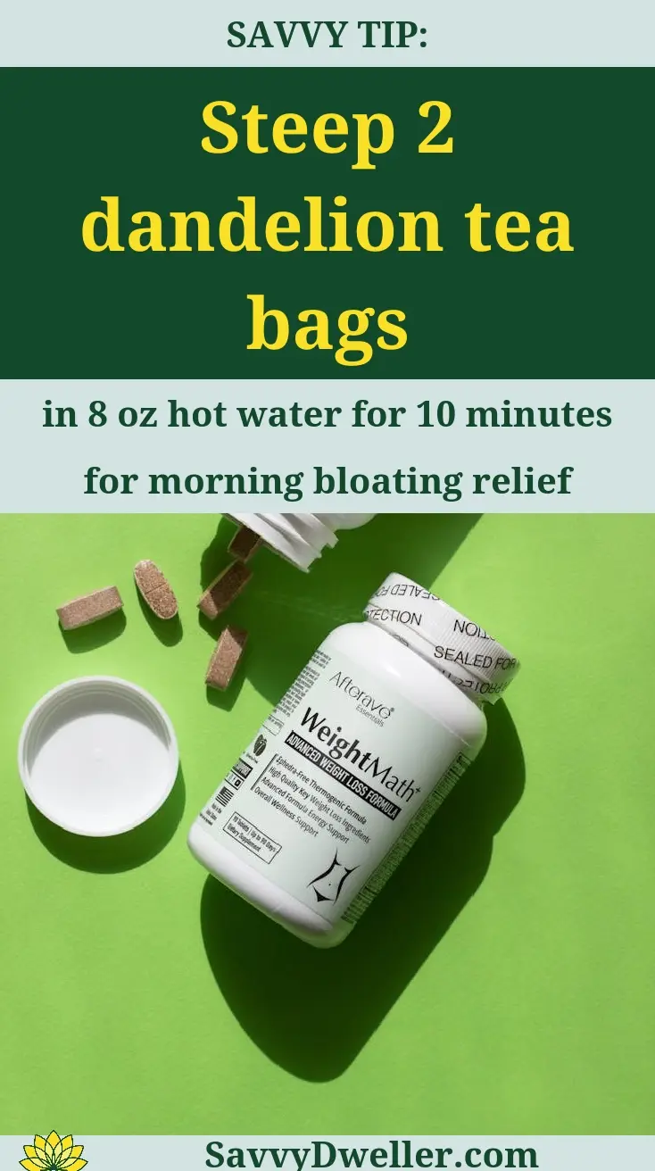 Bottle of dandelion tea bags suggesting natural diuretics to reduce bloating and water weight.