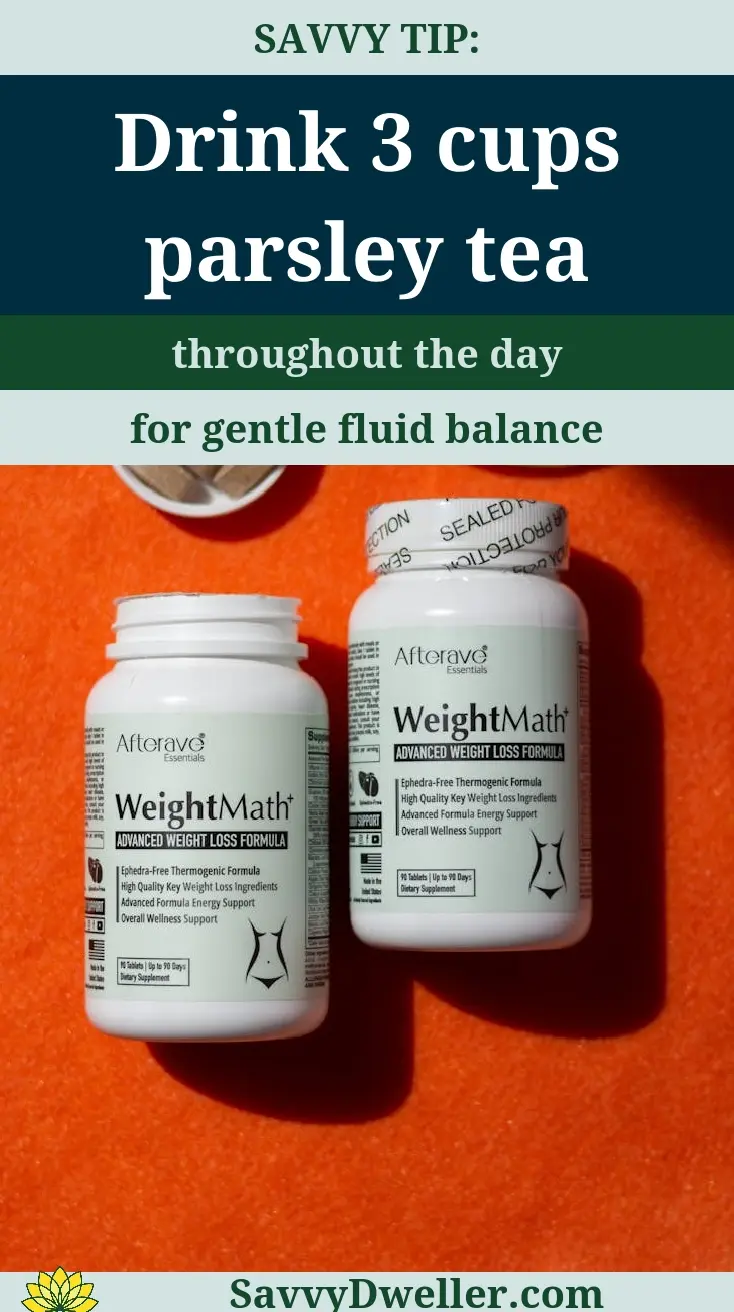 Bottles of WeightMath dietary supplement and a tip about drinking parsley tea for water retention and bloating.