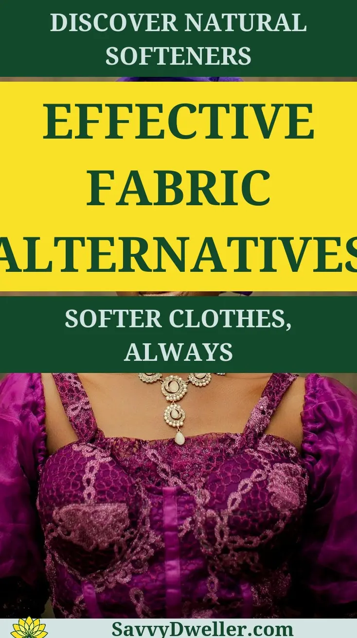 A woman wearing a purple garment promoting effective natural fabric softener alternatives.