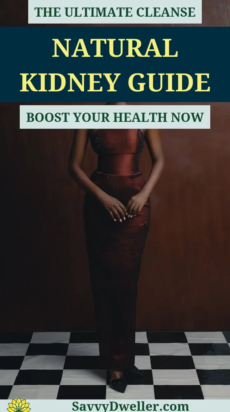 A woman in a striking dress presenting the Natural Kidney Guide for health improvement.