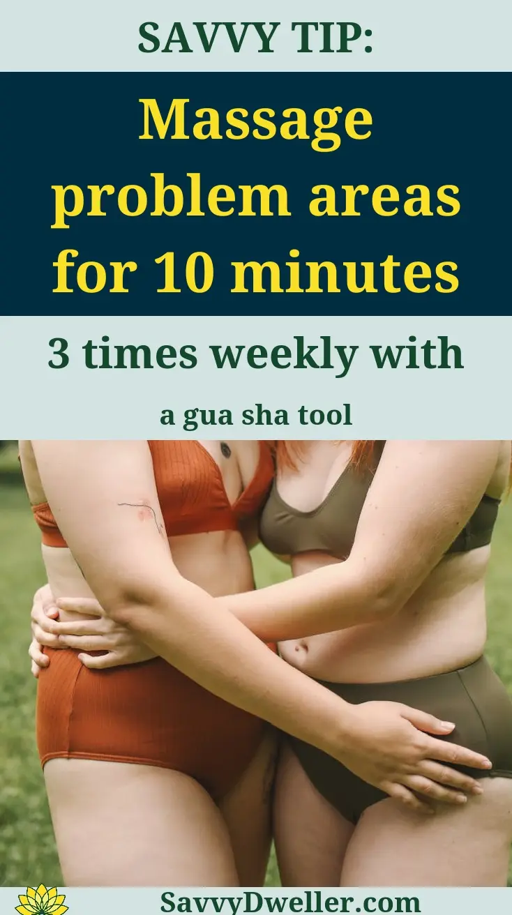 Women massaging problem areas to reduce cellulite with a gua sha tool.