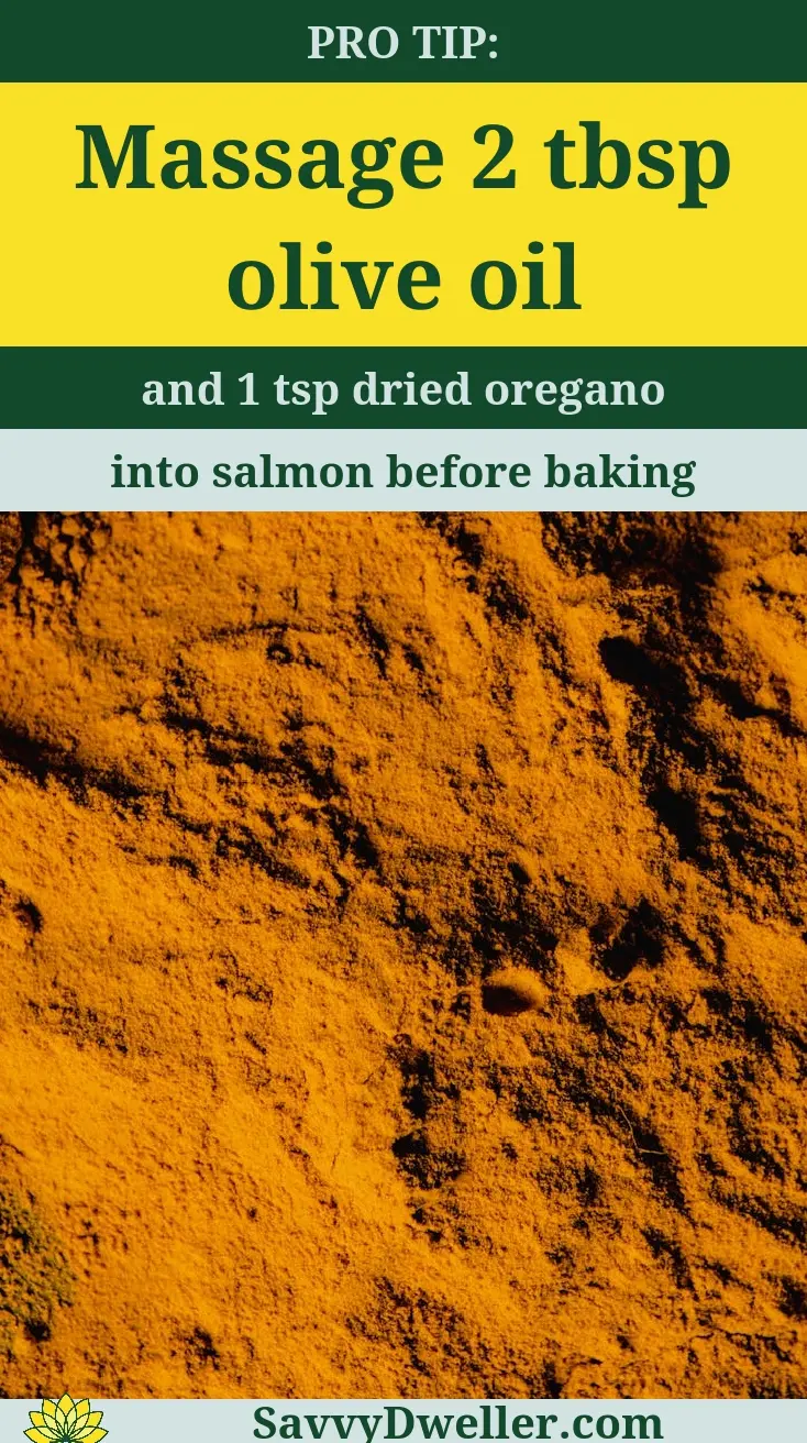 Olive oil and dried oregano recipe for fighting inflammation, focusing on salmon preparation.