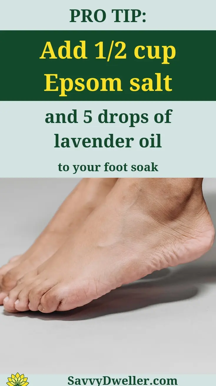 Feet in foot soak with Epsom salt and lavender oil for perfect pedicure