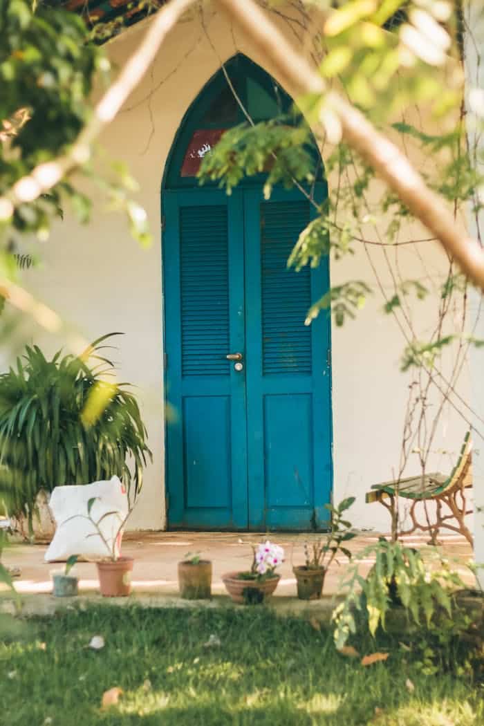 hero-services Rustic blue door surrounded by green plants and a garden path.
