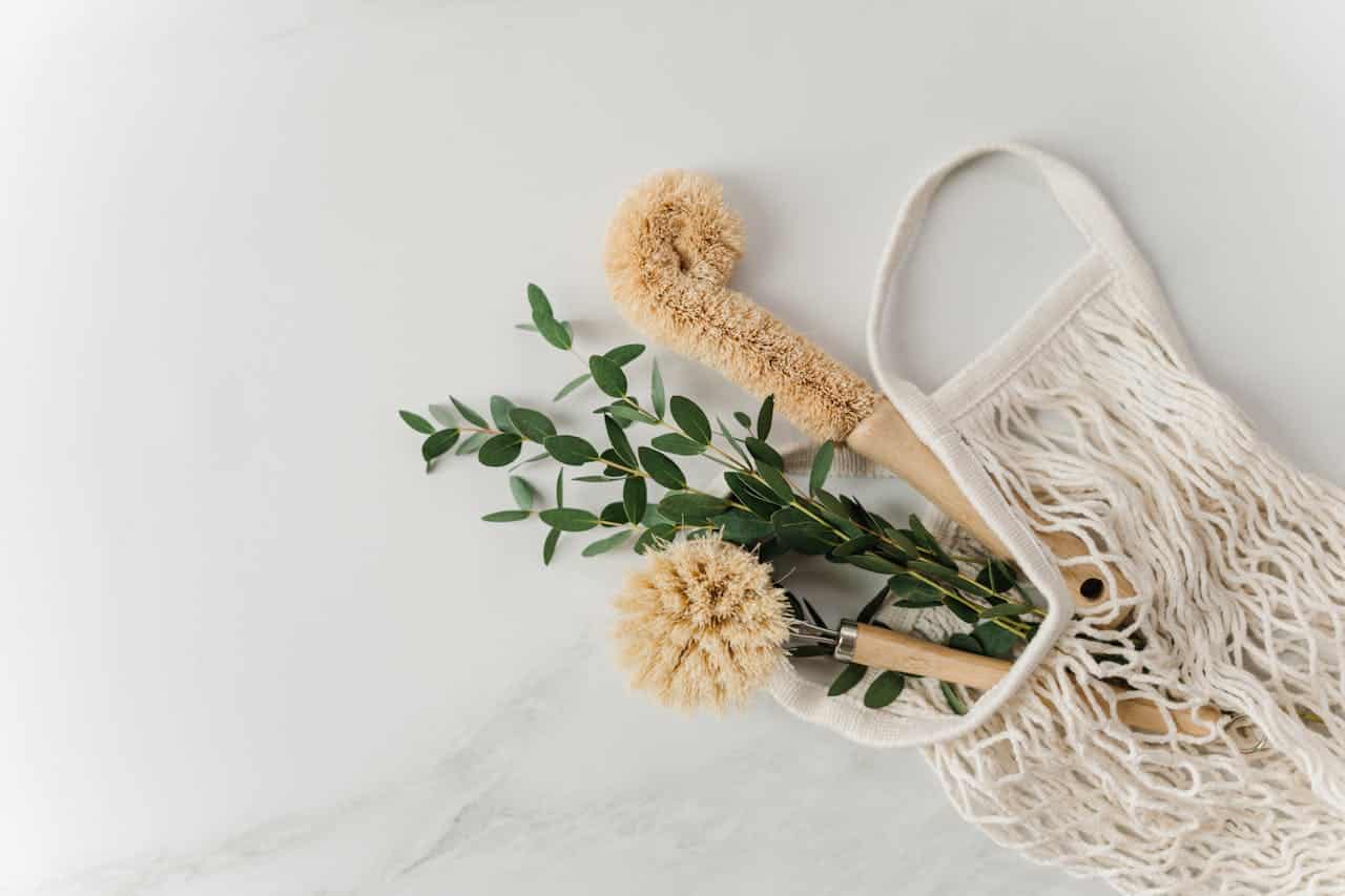 hero-homepage Eco-friendly cleaning brushes and eucalyptus branches in a reusable net bag on white surface.