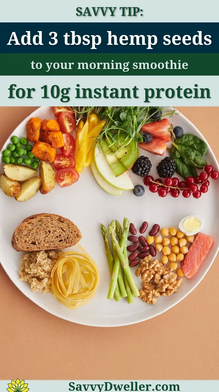 Plate of various plant-based protein sources including hemp seeds, vegetables, and fruits for a nutritious breakfast.