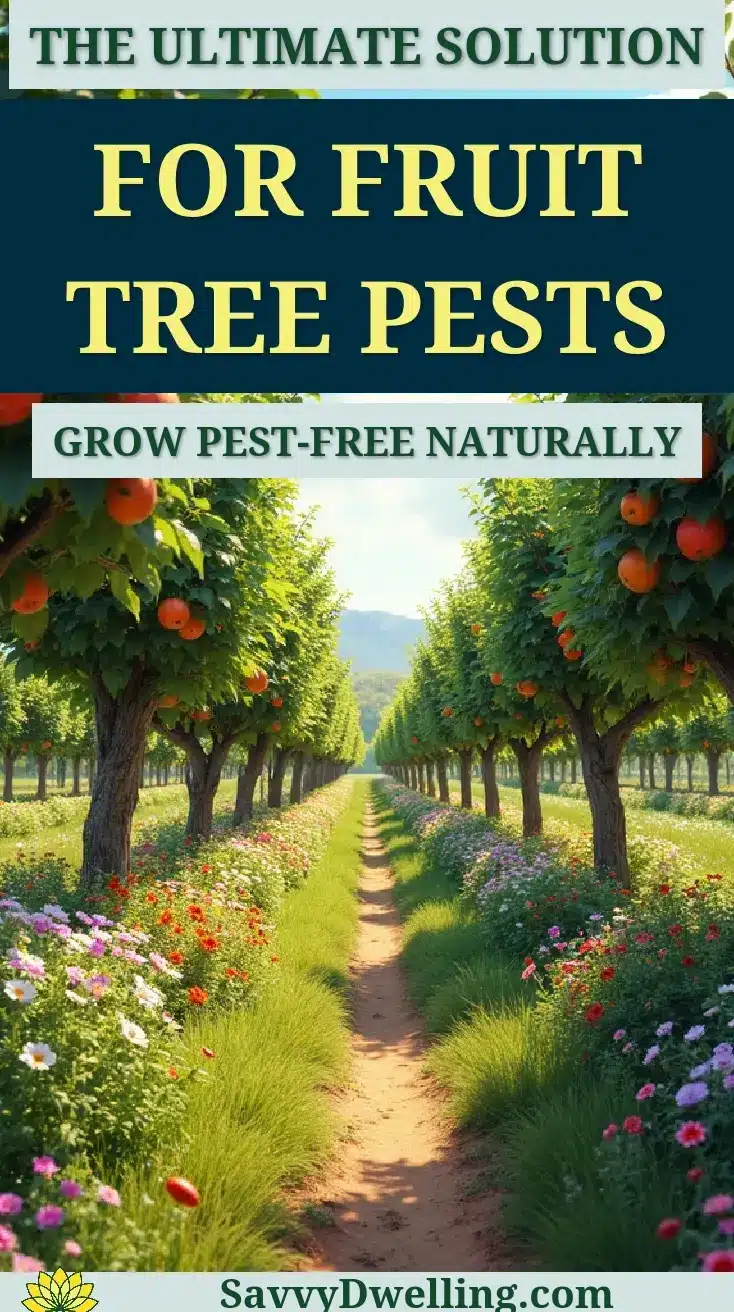A lush fruit tree orchard with flowers, showcasing natural pest protection methods.