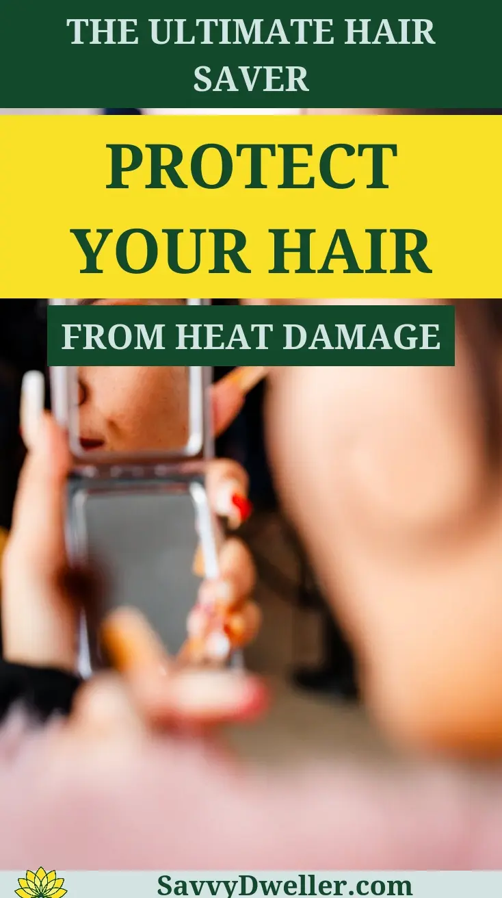 A person holding a mirror showing healthy hair while protecting it from heat damage.