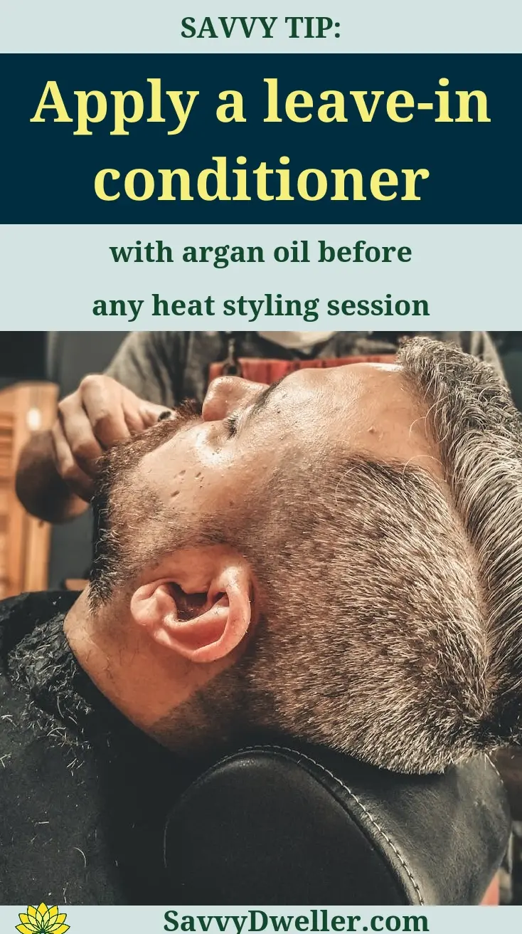 Man applying leave-in conditioner to hair to protect from heat damage