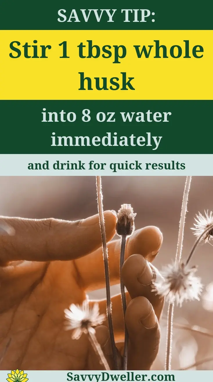 Psyllium husk usage instructions with hand holding husk and water for optimal health benefits