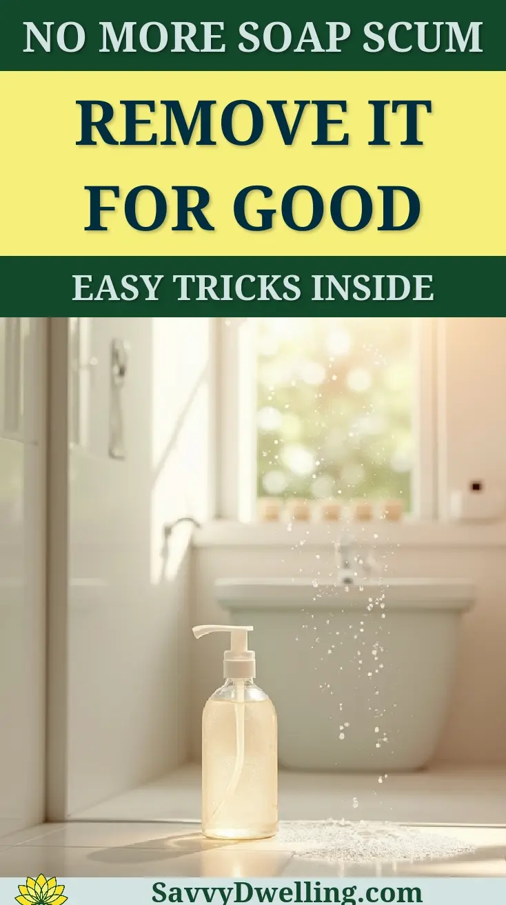 A bottle of cleaner with the text 'Remove It For Good' to illustrate tips for removing soap scum from shower doors.