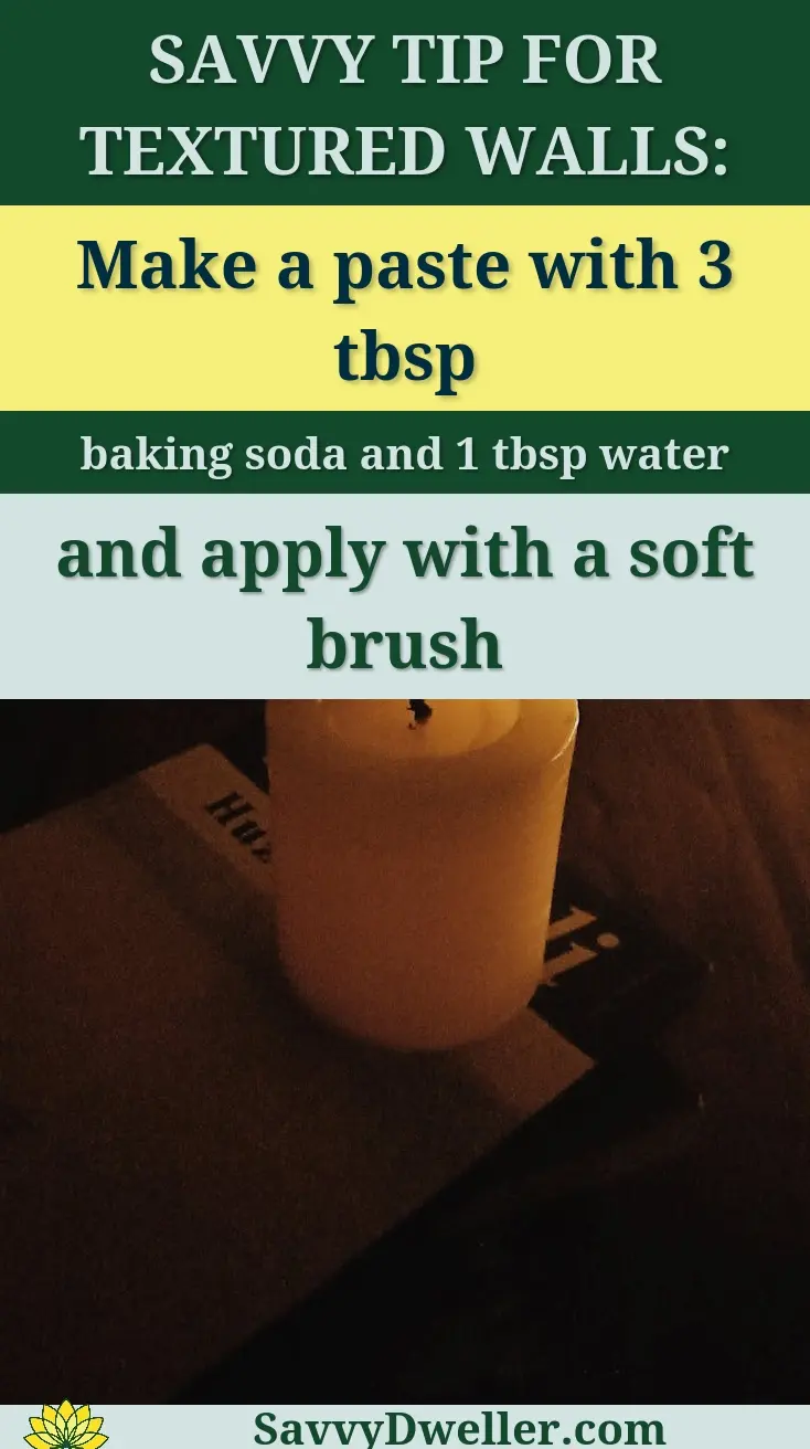DIY method to remove soot from walls and ceilings after burning a candle using baking soda and water.