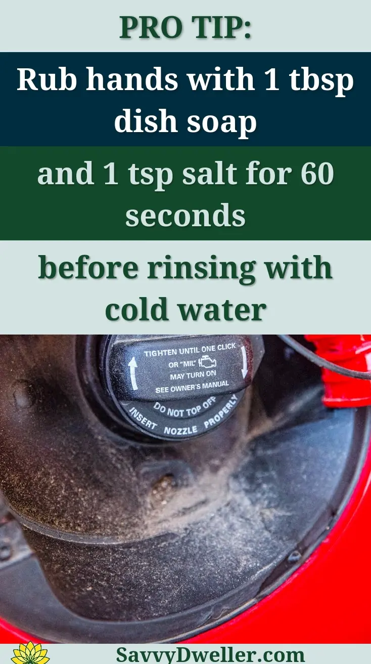 Detailed view of a red vehicle's fuel tank cap with safety instructions visible.