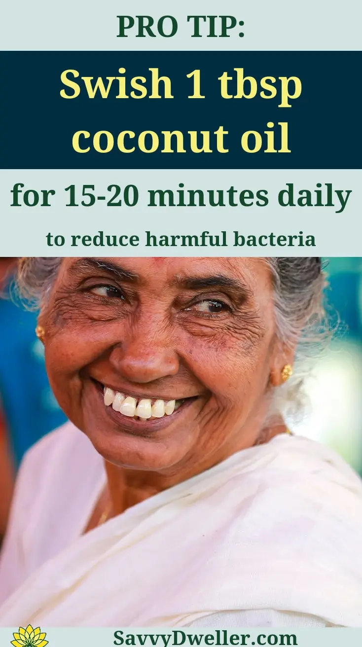 Smiling woman promoting coconut oil for reversing cavities naturally