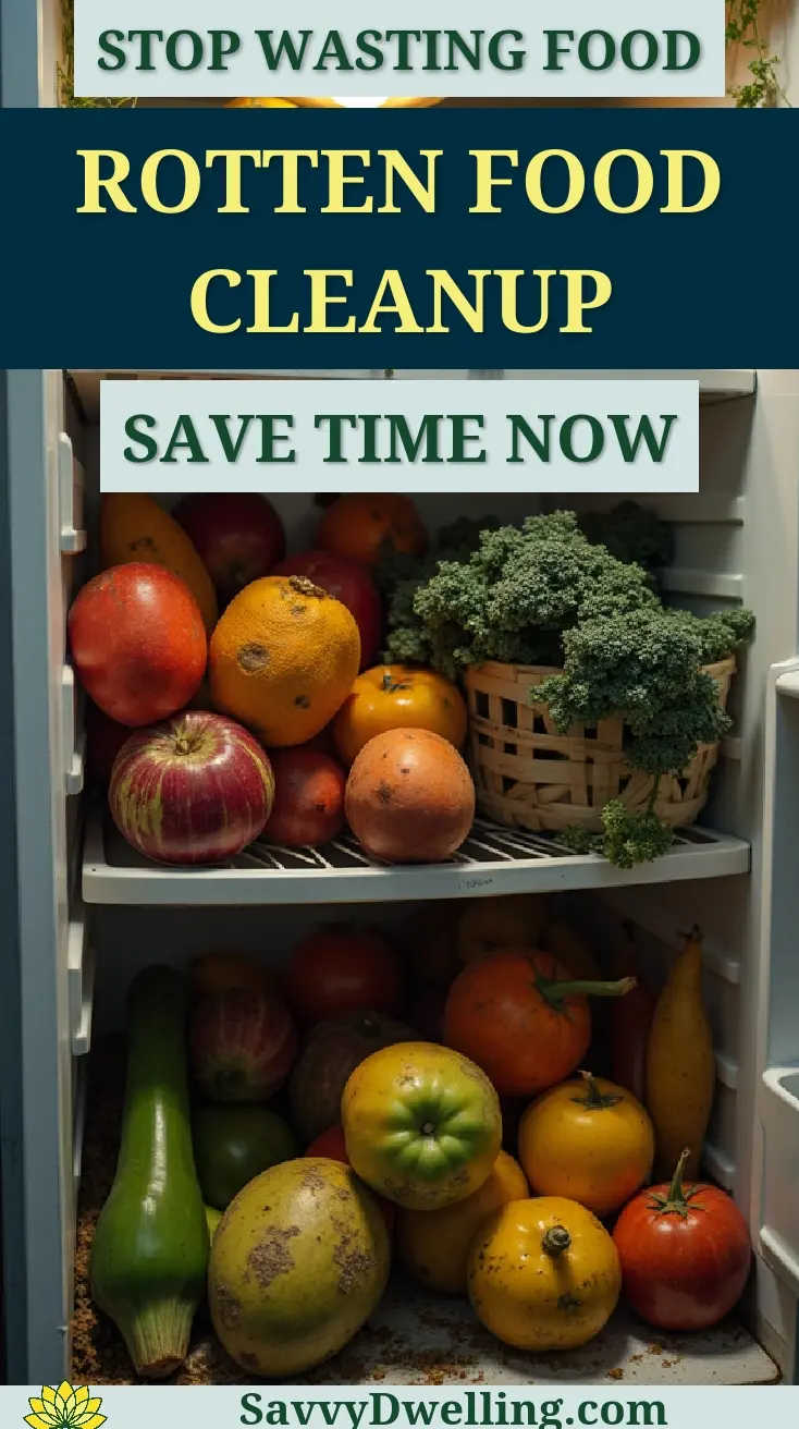 Fridge filled with various rotten fruits and vegetables, highlighting the need for cleanup.