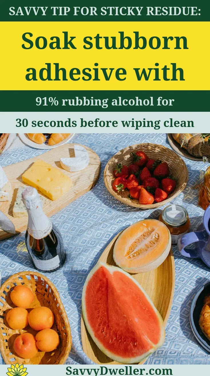 Soak stubborn adhesive with 91% rubbing alcohol for effective cleaning