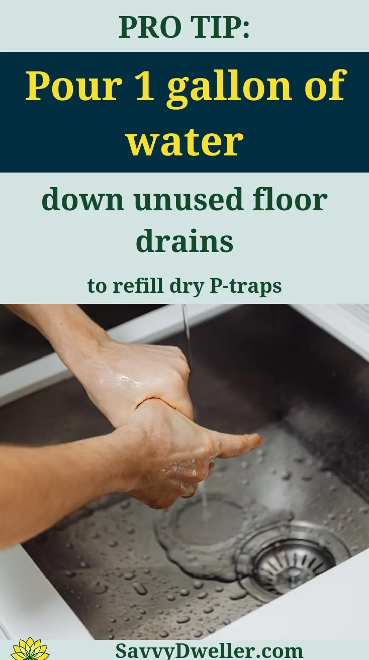 Person pouring water down a drain to prevent sewer gas smell in bathroom