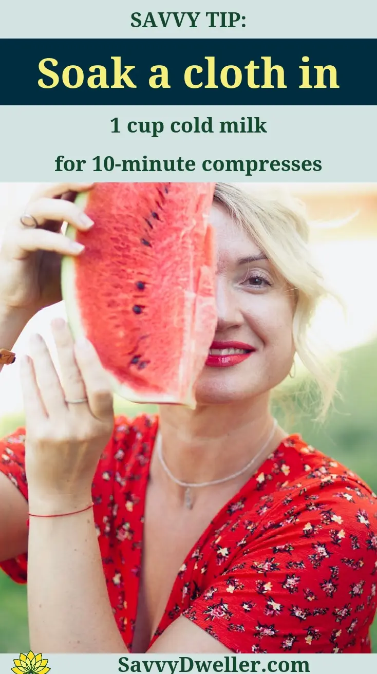 Woman holding watermelon and soaking cloth in cold milk for sunburn relief