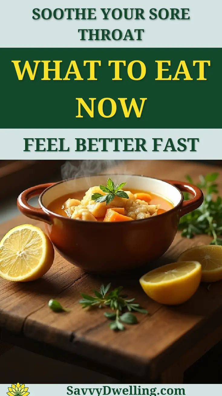 Bowl of warm soup with lemon and vegetables for soothing a sore throat.