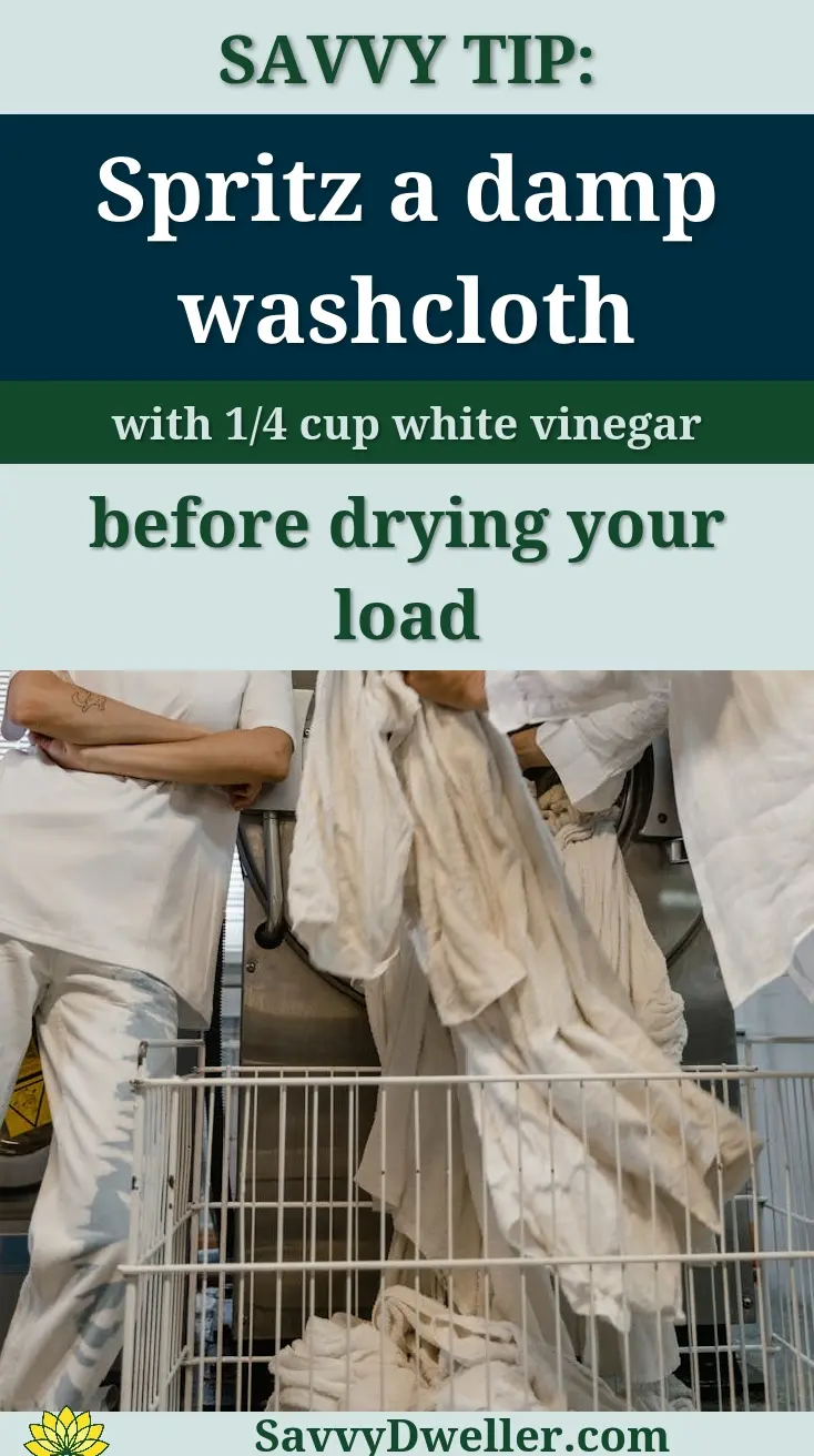 Two people sorting laundry in a commercial laundry facility with industrial machines.