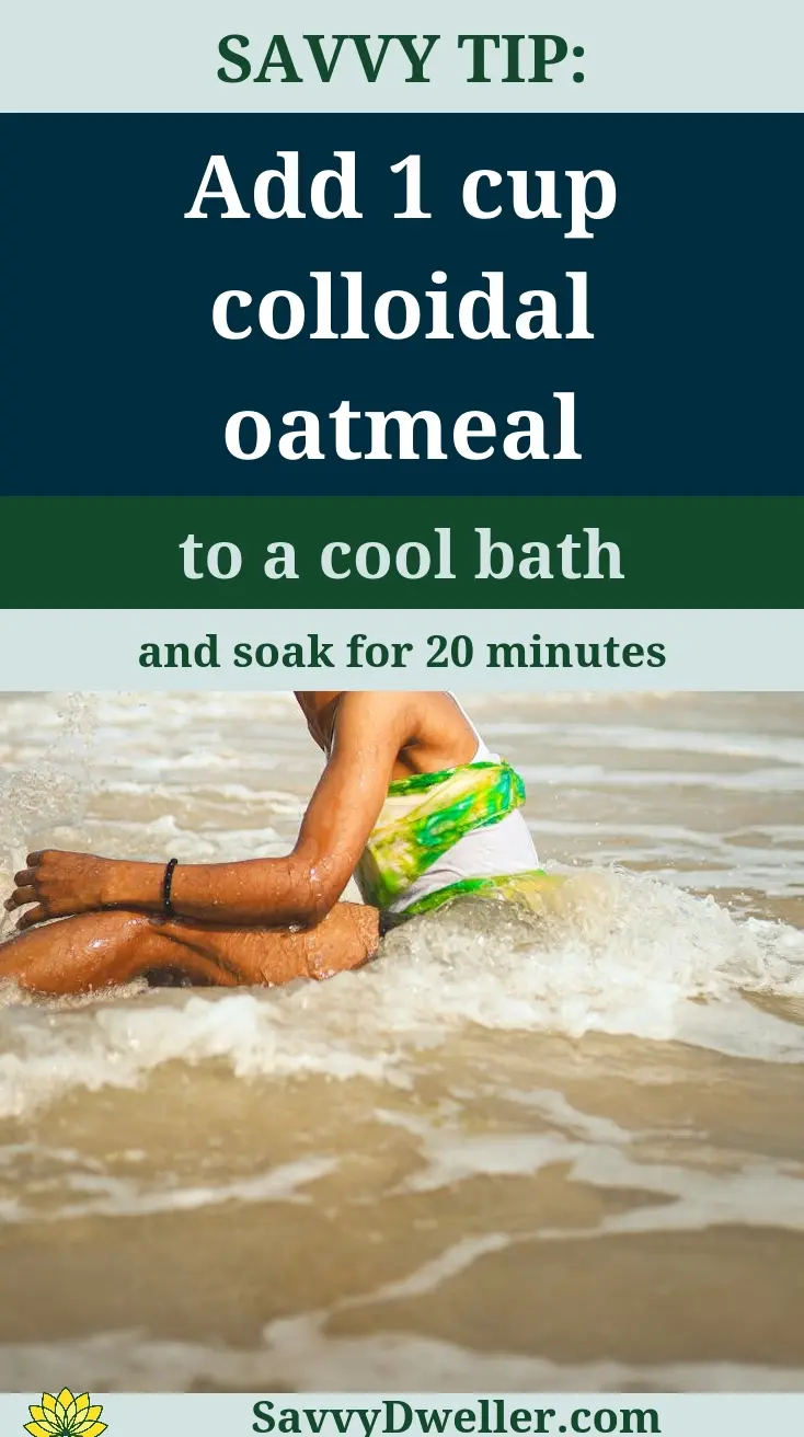 Person relaxing in a cool bath with colloidal oatmeal to soothe painful sunburn