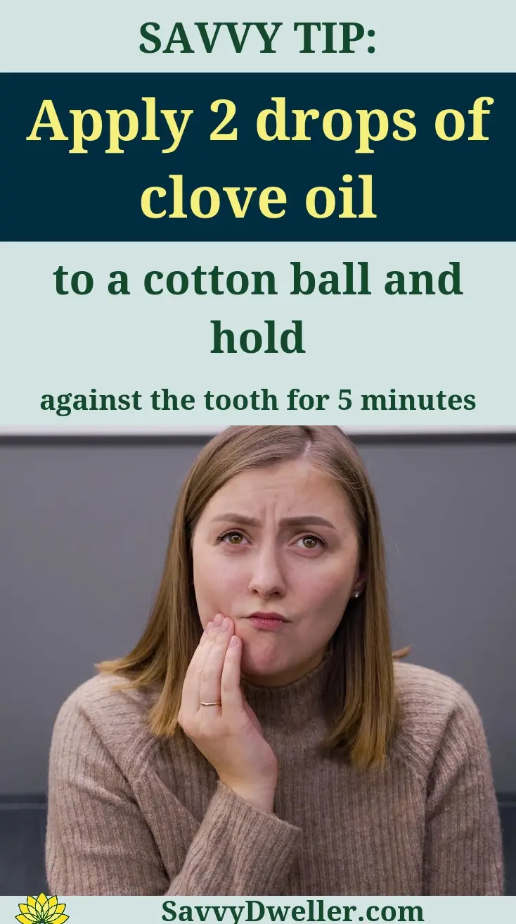 Woman holding her jaw in pain with a tip for toothache relief using clove oil.