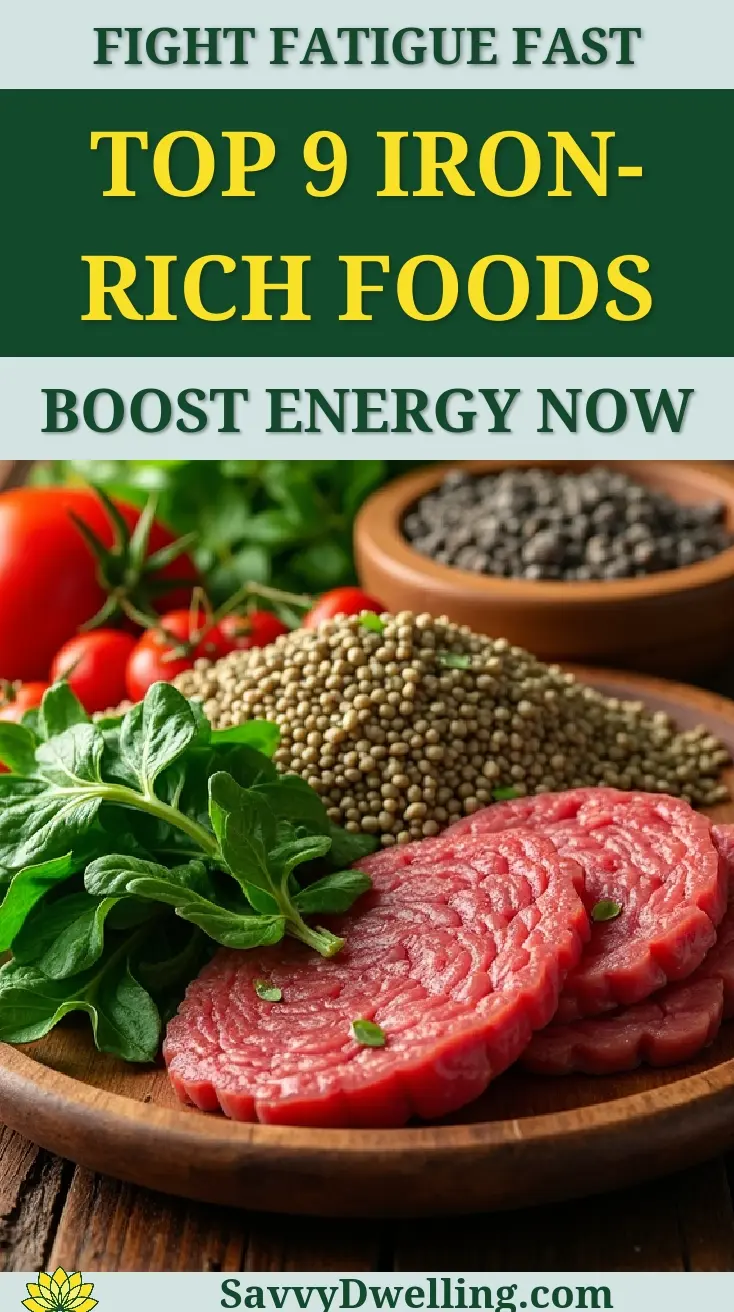 A display of iron-rich foods including leafy greens, lentils, and lean meats to combat fatigue and anemia.