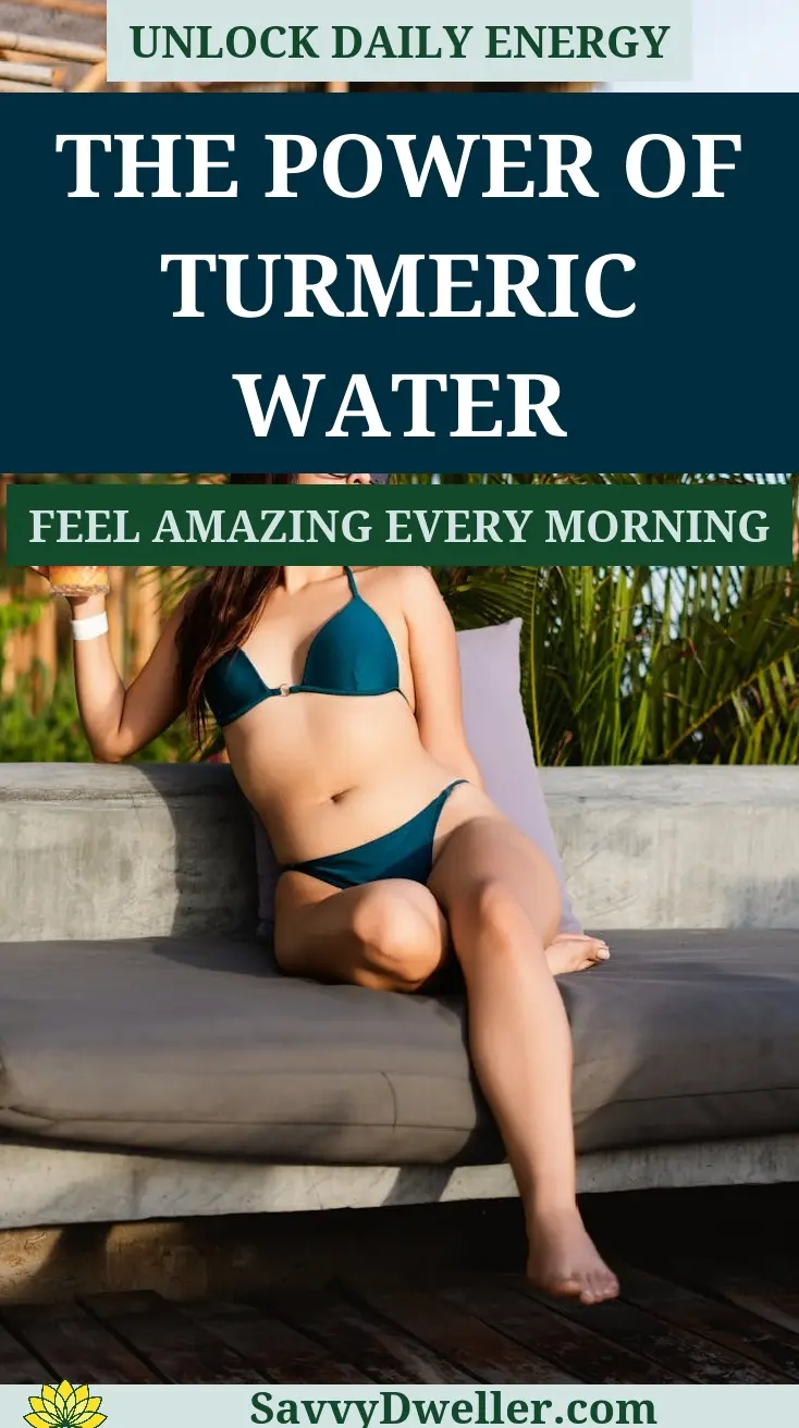 Woman relaxing with a glass of turmeric water, showcasing the benefits of drinking turmeric water every morning.