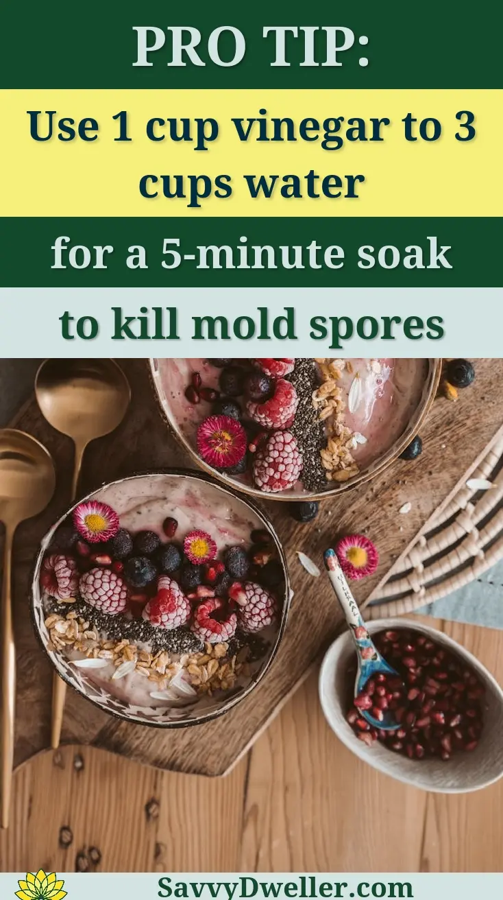 Top view of nutritious smoothie bowls with berries, chia seeds, and oats on a wooden table.
