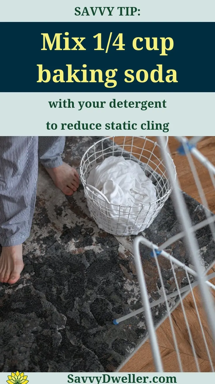 Person standing next to laundry basket with a tip about washing sheets and towels