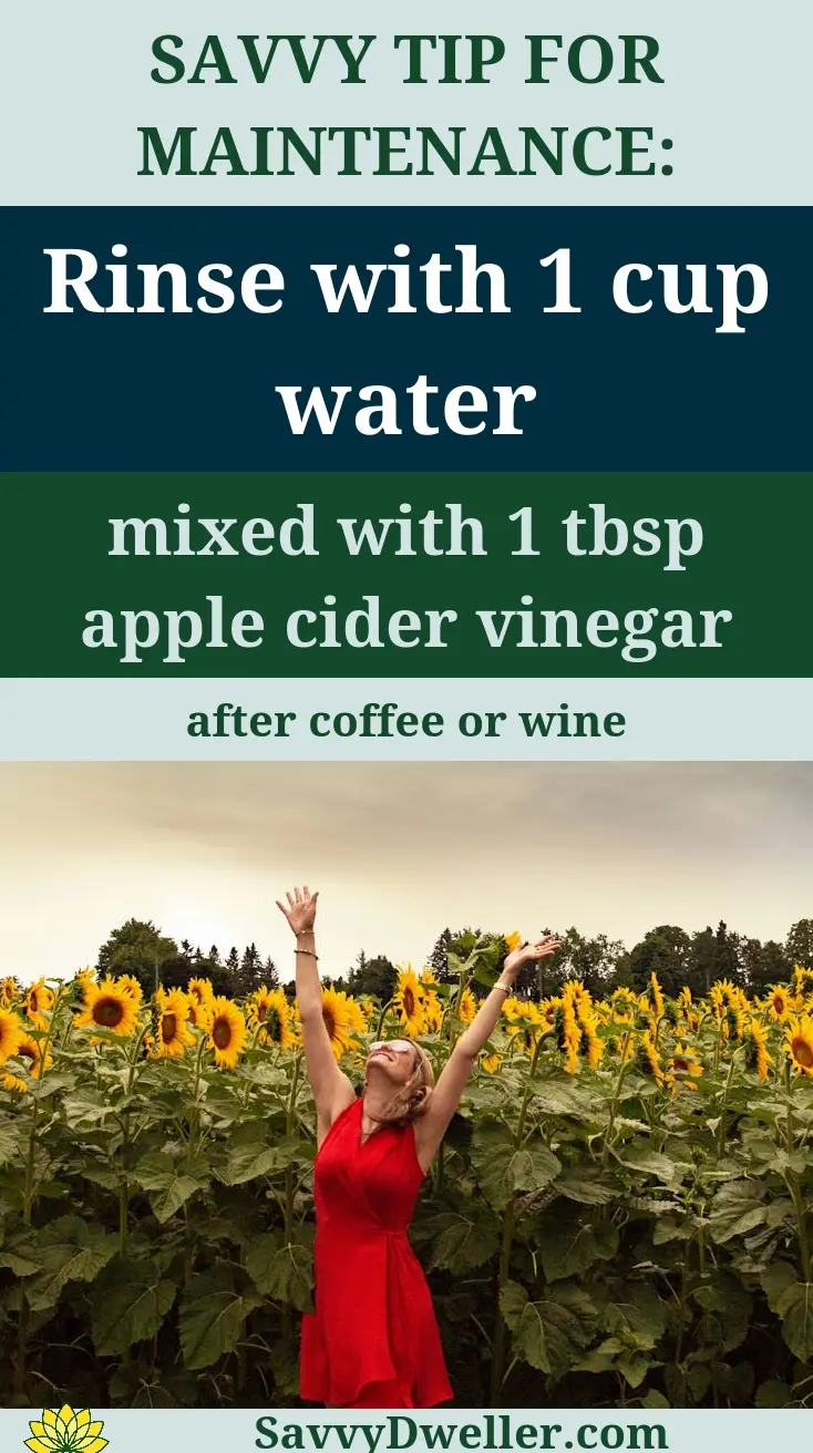 A woman enjoying a sunny day in a field of sunflowers, promoting a teeth whitening tip with apple cider vinegar.